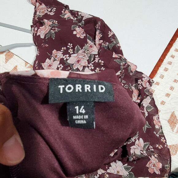 Torid Women's Plus Size 14 Burgundy Floral Cold Shoulder Boho Dress.  SKU# A-117 - Picture 16 of 16